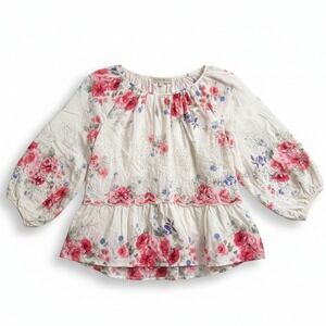 Penelope Rose Floral Eyelet Peasant Blouse Large White Pink Rayon AW0168-527A